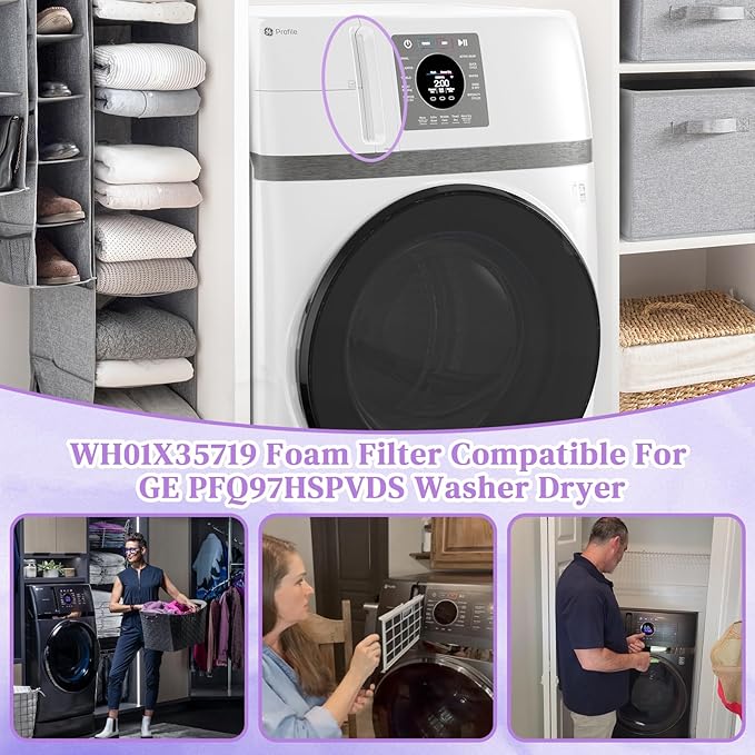 WH01X35719 Lint Filter Compatible with Ge Profile Washer Dryer Combo Foam Filter for PFQ97HSPV0DS Combo Washer Dryer Filter with Lint Brush (1 Long Handled Brush) - Hand Washable and Reusable (2pack)