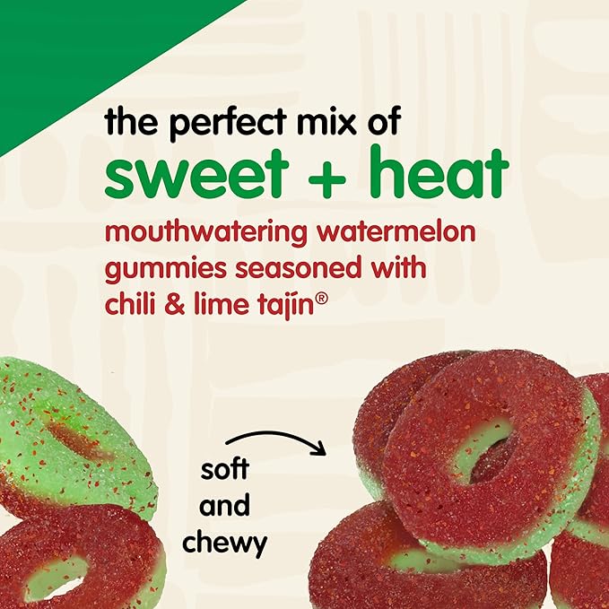 Snak Club Tajin Watermelon Rings Gummy Candy, Fruit Candy Gummies with Chili and Lime Seasoning, Mild, Gluten-Free and Vegan Snacks, 5 oz Resealable Bags, 6 Pack