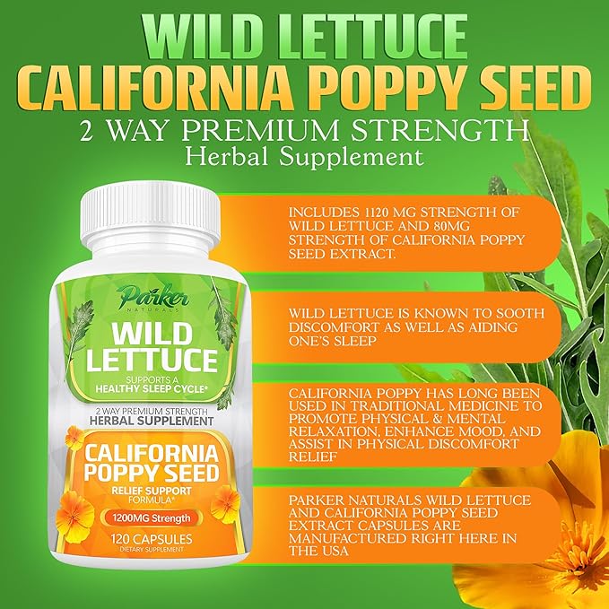 Wild Lettuce Extract & California Poppy Seed Supplement, 2 Way Premium Strength Herbal Supplement for Healthy Sleep & Relief Support, 120 Capsules