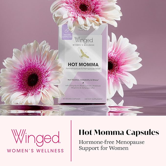 Winged Wellness Hot Momma Menopause Supplements for Women - Hormone-Free Menopause Relief Support for Hot Flashes & Night Sweats with Chaste Tree Berry, Multivitamins & More - 60 Vegan Capsules