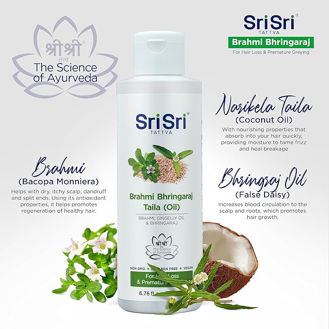 SRI SRI TATTVA Brahmi Bhringraj Hair Oil – Herbal Indian Coconut Scalp Treatment for Smooth, Healthy Hair Care – Ayurvedic Conditioning Mask with Natural Ingredients (6.76 fl oz)