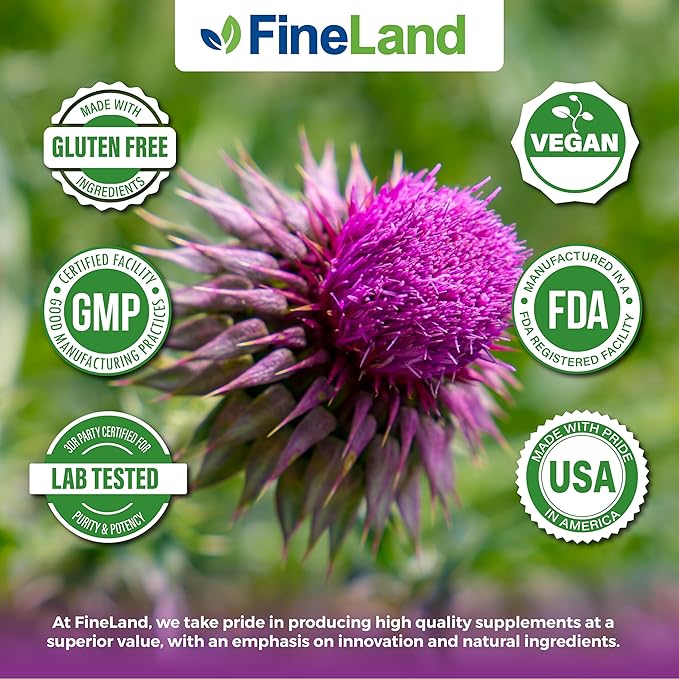 FineLand Milk Thistle Pills 50:1 Extract – 120 Vegan Capsules - 20,000 mg Strenght with 80% Silymarin Flavonoids – Liver & Antioxidant Support | 50X Concentrated Seed Extract - Non-GMO, Made in USA