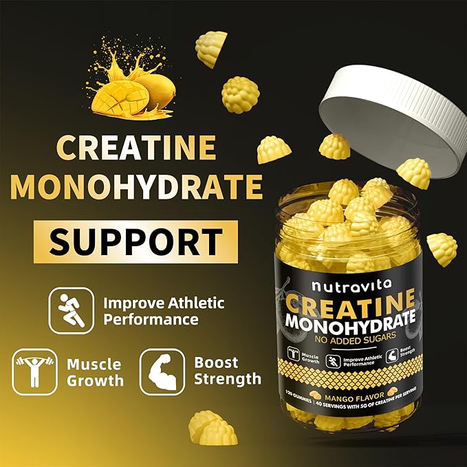 Creatine Monohydrate Gummies for Men & Women-5g of Creatine Monohydrate per Serving - Sugar Free,Vegan, Mango Flavor, 120 Count