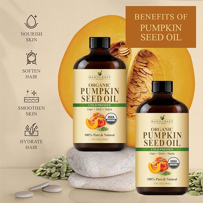 Handcraft Blends Cold-Pressed Organic Pumpkin Seed Oil in Glass Bottle - 4 Fl Oz - 100% Pure and Natural - Premium Grade Carrier Oil for Hair, Skin, Nails, and Body - Massage - Aromatherapy