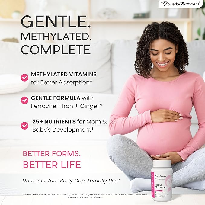 Power By Naturals Methyl Prenatal with Probiotics, Methylated Prenatal Vitamins for Women with Iron, B12, Choline, Ginger and 27+ Essential Nutrients, 60 Capsules