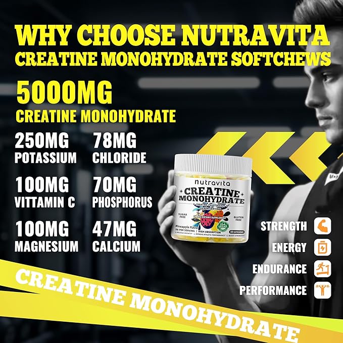 Creatine Monohydrate Chews (5g) – Pre-Workout Energy & Muscle Growth Support for Men & Women | Pineapple Electrolyte Gummies (60 Count)