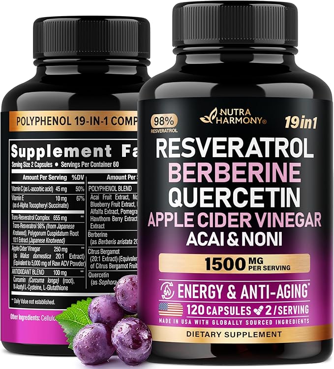Resveratrol Supplement - 19-in-1 Organic Polyphenol Complex - Noni Extract | Berberine | Quercetin | Apple Cider Vinegar | Acai - Made in USA - Antioxidant & Heart Health Support - 120 Capsules