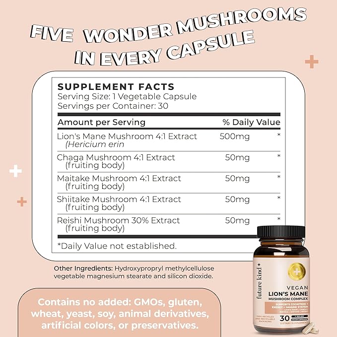 Future Kind Vegan Lion’s Mane Mushroom Complex - Brain Supplement with Chaga, Maitake, Shiitake, & Reishi, Supports Memory and Focus (30ct)