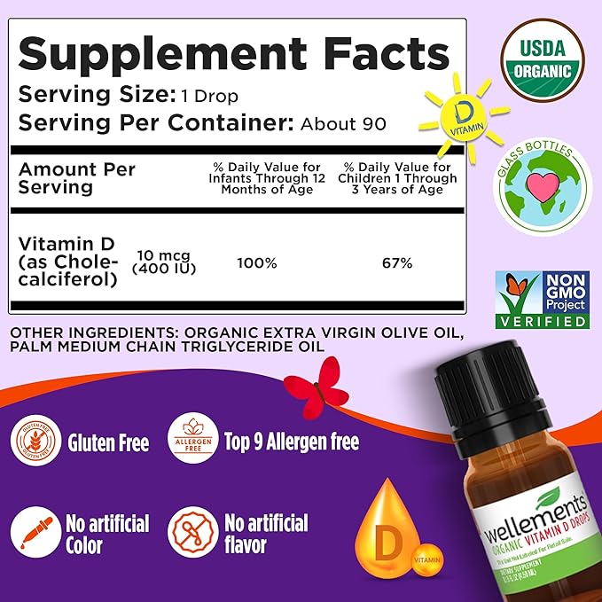 Wellements Baby Organic Vitamin D Drops for Infants & Toddlers (0.15 Fl Oz) - Certified Newborn+ Liquid Vitamin D3 Drops, Support Healthy Growth & Bone Development (1 Drop Daily & 400 IU Per Serving)