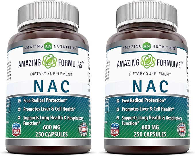 Amazing Formulas NAC 600 Mg | N-Acetyl Cysteine Supplement | Capsules | Non-GMO | Gluten Free | Made in USA (2 Pack, 250 Count)