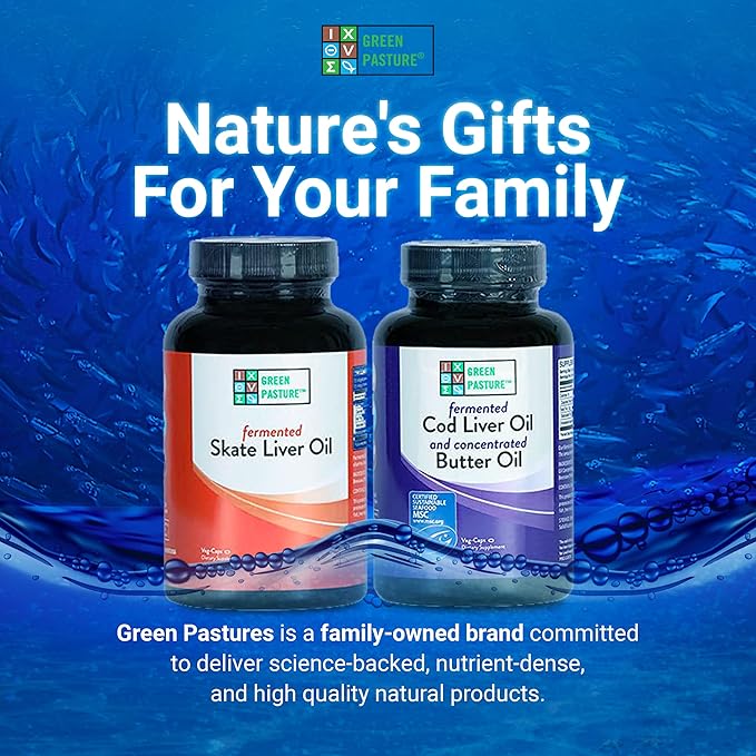 Green Pasture Bundle 120 Capsules Per Bottle - Fermented Cod Liver Oil with Butter Oil and Fermented Skate Liver Oil - With Vitamin A and D, EPA, DHA, Omega Fatty Acids - Non-Gelatin Fish Oil Capsules