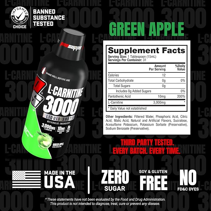 PROSUPPS L-Carnitine Liquid 3000, Stimulant-Free Liquid Shots for Men & Women - Clean Workout Drink for Energy, Performance & Muscle Recovery - No Sugar, No Carbs - 31 Servings, Green Apple