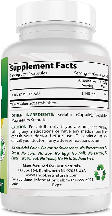 Best Naturals Goldenseal Root 570 mg (Non-GMO) 100 Capsules