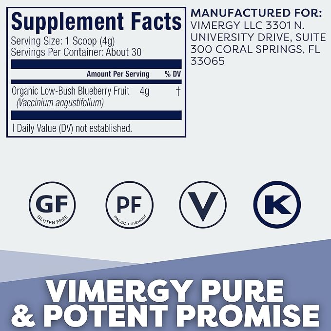 Vimergy Wild Blueberry Powder –Protects Brain Health* - Supports Cardiovascular Function* – Organic, Vegan & Gluten-Free – Trial Size 125g