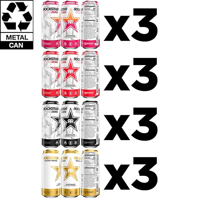 Rockstar Pure Zero Energy Drink,4 Flavor Pure Zero Variety Pack, 0 Sugar, with Caffeine and Taurine, 16oz Cans (12 Pack) (Packaging May Vary)