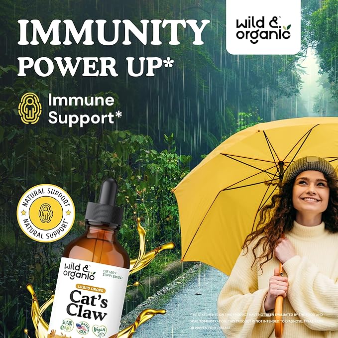 Wild & Organic Cats Claw Tincture - Immune Support Supplement - Cats Claw Herb Liquid Extract - Vegan, Sugar & Alcohol-Free Bark Based Drops - 4 fl oz