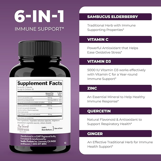 Sandhu's Elderberry Vitamin C Vitamin D3 with Zinc & Quercetin | Capsules for Men & Women | Supports Immune Health | 120 Count (Pack of 2)
