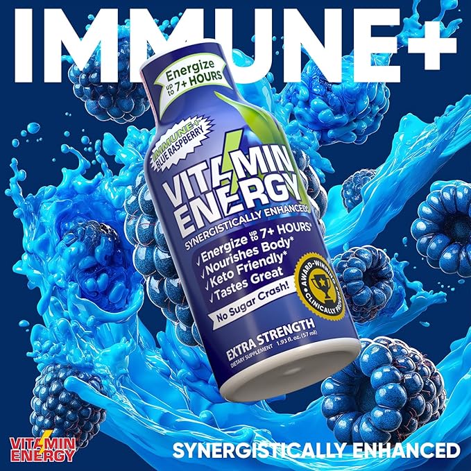 Vitamin Energy Immune+ Extra Strength Energy Shot Blue Raspberry 12 Pack, 260mg Natural Caffeine, B-Vitamins, Citicoline, Green Tea, Immunity & Focus Support, Zero Sugar, Gluten-Free 1.93 fl oz