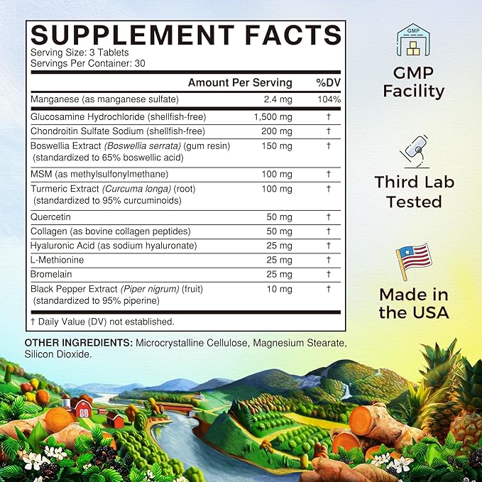 Vitalitown Glucosamine Chondroitin MSM | Collagen, Boswellia, Turmeric, Hyaluronic Acid, Bromelain | Triple Action+ Formula | 12 Move-Freely Ingredients | 90 Tablets, No Shellfish
