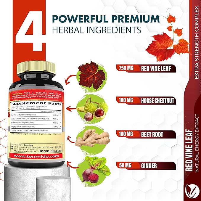 Red Vine Leaf Extract Capsules - with Horse Chestnut, Beet Root, Ginger - Herbal Supplement for Heart, Leg Vein & Energy - 90 Vegan Capsules for 45 Days