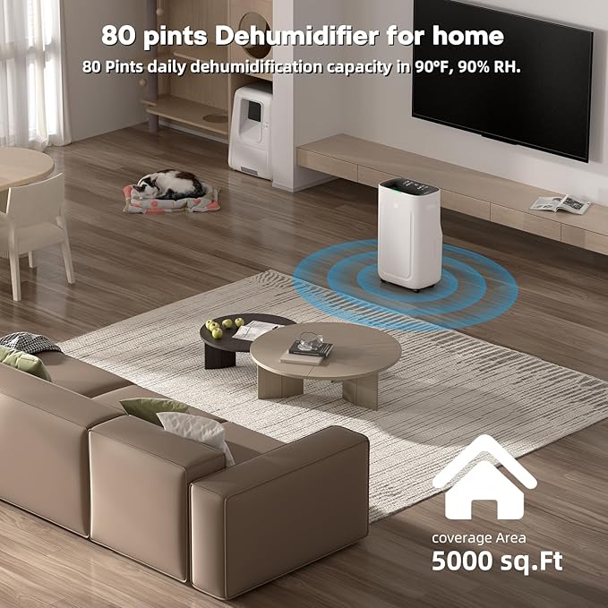 2025Upgraded 5000 Sq.Ft 80 Pint Dehumidifier for Basements with Large 6.5L Water Tank,24H Timer,Child Lock,Defrost,Silent,mold,4 Modes Operation Auto Shut-off