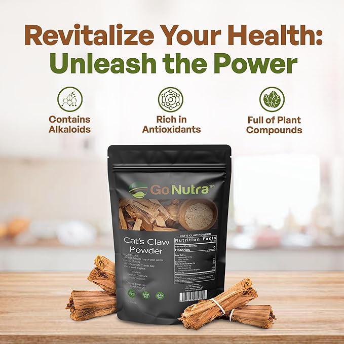 Go Nutra - Cat’s Claw Powder, Pure Cats Claw Herbal Supplement Wildly Harvested from Peru, All Natural UNA de Gato for Water, Tea, Juice, and More, Non-GMO, Gluten-Free, Vegan, 8 oz