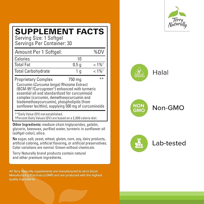 Terry Naturally CuraMed 750 mg - Antioxidant Supplement for Brain & Heart Health Support - Supplement with High-Potency Curcumin Complex - Kidney, Liver & Immune Health Support - 30 Softgels (1 Pack)