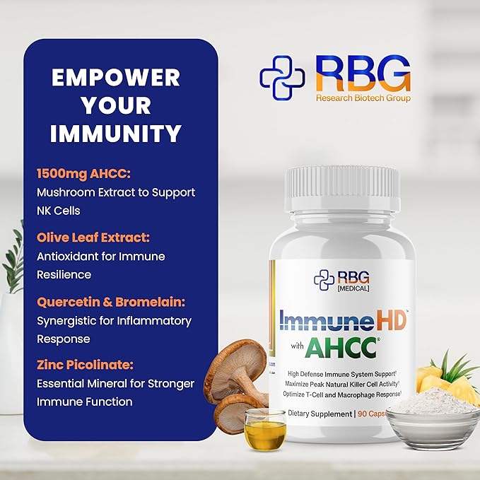 Immune-HD with AHCC Supplement for Immune Support,1500mg of AHCC Mushroom Extract + Olive Leaf & Quercetin with Bromelain, Natural Killer Cell Activity for Immune System, Liver Function, 90 Caps, RBG