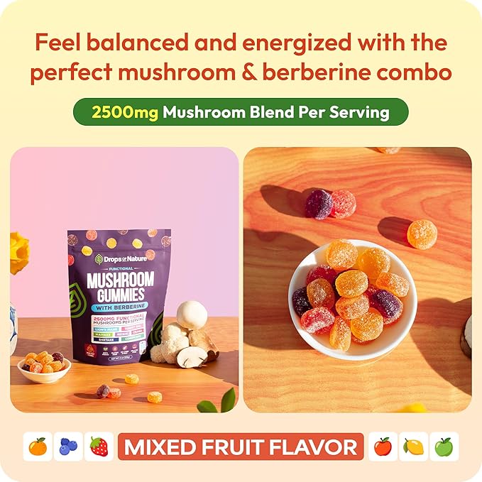 Mushroom Gummies & Berberine Supplement - Lion's Mane, Turkey Tail, Maitake, Reishi, Chaga, Shiitake & Cordyceps - Organic Mushroom Supplement - Boosts Focus & Immune System (Mixed Fruits, 60 Gummies)