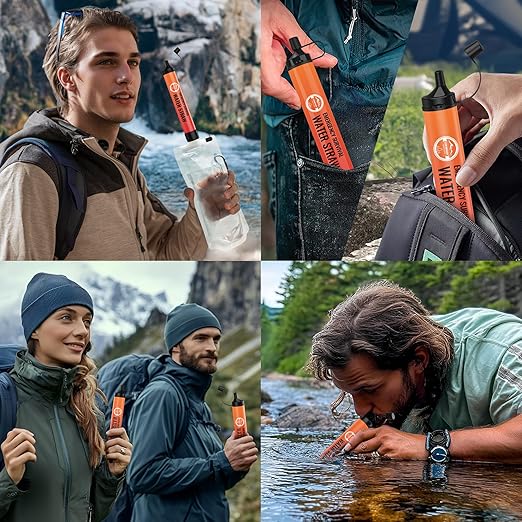 Water Filter Straw, Emergency Water Filtration System, Personal Water Purifier, Outdoor Survival Gear and Equipment for Hiking Camping Accessories Travel Fishing Emergency Preparedness (4PCS)