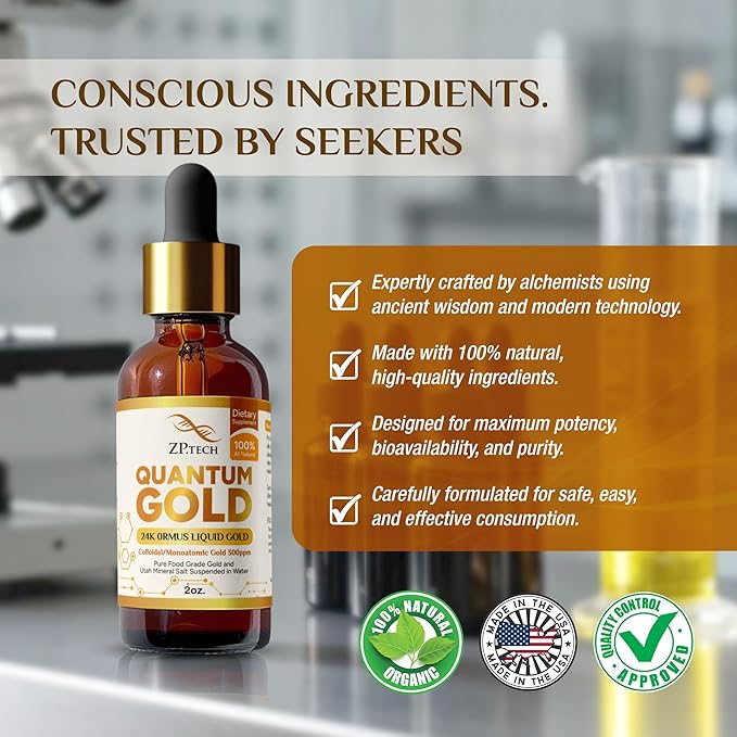 Quantum Gold 24K Ormus Gold Liquid | Pure Ormus Colloidal Monoatomic Gold Liquid and Utah Mineral Salts, 2oz. | Decalcify Pineal Gland, Supports Anti-Aging, Meditation, Yoga, Activate Third Eye.