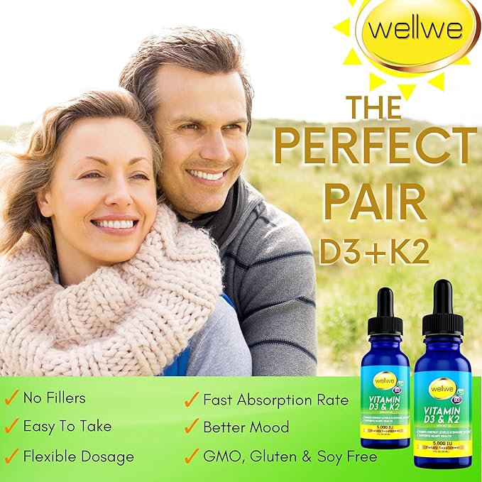 Liquid Vitamin D3 K2 Drops 5000 IU - Vegan, No Taste, No Odor, Soy-Free, Gluten Free, Non-GMO, 1000 IU per Drop, Boosts Energy Levels & Immune System, Supports Heart Health (5 Pack)