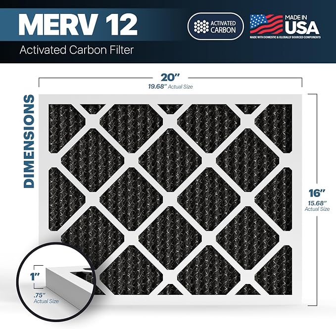 BNX TruFilter 16x20x1 MERV 12 Odor Defense (6-Pack) AC Furnace Air Filter with Activated Carbon - MADE IN USA - Pleated Air Conditioner HVAC AC Furnace Filters - Removes Odor, Mold, Bacteria, Smoke