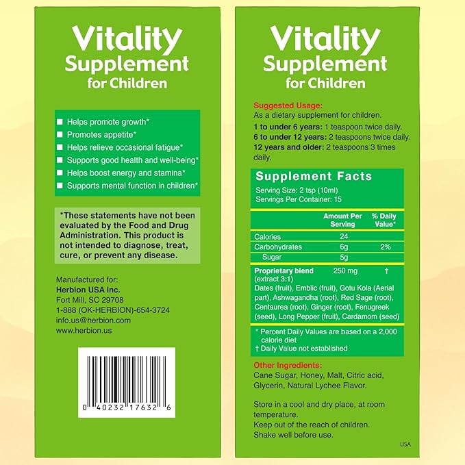 HERBION Naturals Vitality Supplement for Children, Promotes Growth and Appetite, Relieves Fatigue, Improves Mental & Physical Performance, for Kids 1 Year & Above, 5 Fl Oz (Pack of 3)
