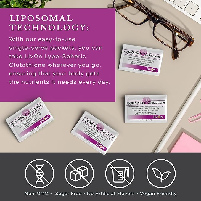 LivOn Laboratories Lypo-Spheric Glutathione - 30 Packets – 450 mg Glutathione Per Packet – Liposome Encapsulated for Maximum Bioavailability – Professionally Formulated – 100% Non-GMO