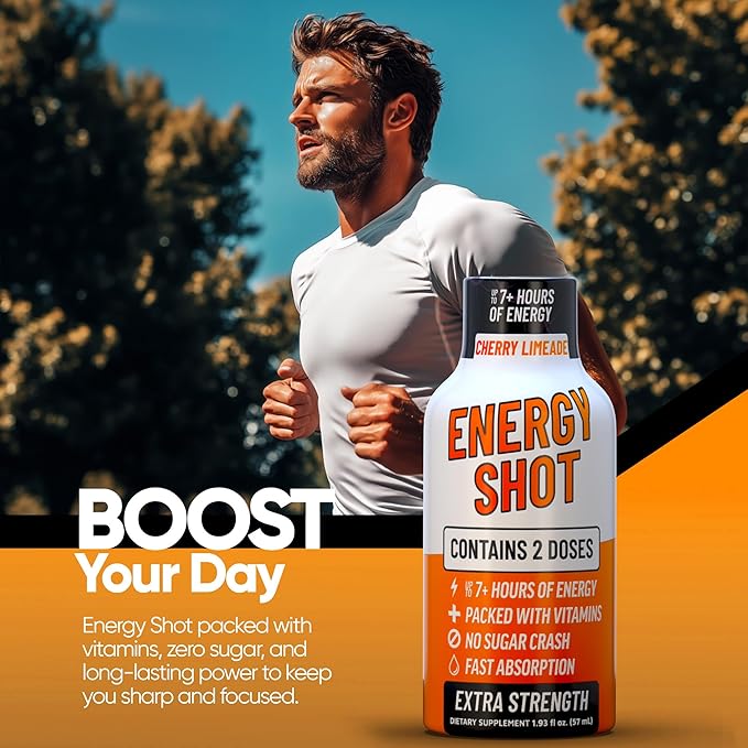 Energy Shot – 2 Servings – 100% DV B-Vitamins & 130mg Plant-Based Caffeine – Zero Calories, Sugar-Free, Vegan, Non-GMO – Energy & Productivity Support (1.93 Fl Oz (Pack of 8), Cherry Limeade)