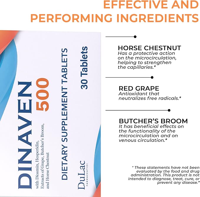 Dulàc - Dinaven 500, Diosmin Hesperidin 500mg Dietary Supplement 30 Tablets, Enriched with Butcher's Broom, Horse Chestnut Extract and Grape Seed Extract, Made in Italy