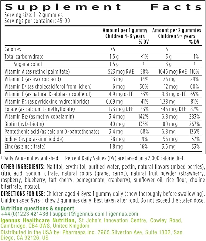 Igennus Methylated Kids Multivitamin Gummy, MTHFR, No Artificial Sweeteners or Flavors, Sugar Free, Age 4+, 90 Natural Berry Flavor Gummies from Fruit Powder, Non-GMO, Halal, Clean Label
