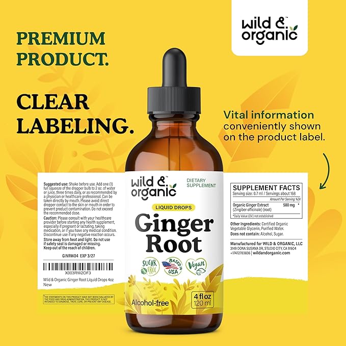 Wild & Organic Ginger Root Extract Drops - Immune & Digestive Support - Liquid Ginger Supplements - Vegan, Sugar & Alcohol-Free Tincture - 4 fl oz