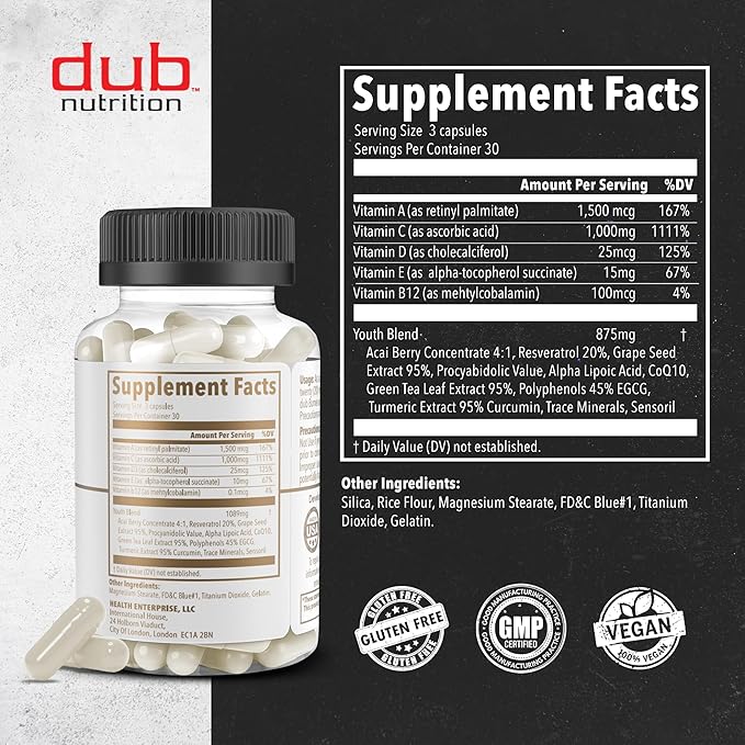 Youth - Formula with Acai, Resveratrol, Curcumin, Vitamins A, C, D, E, B12, and CoQ10 - Supports Immunity and Mobility - 90 Capsules