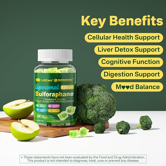 Liposomal Sulforaphane Supplement 150mg, from Broccoli Sprout Extract w/Myrosinase, Quercetin, Glutathione, Broccoli Supplement Gummies for Antioxidants Detox Cellular Brain Health, Chewable 60 Cts