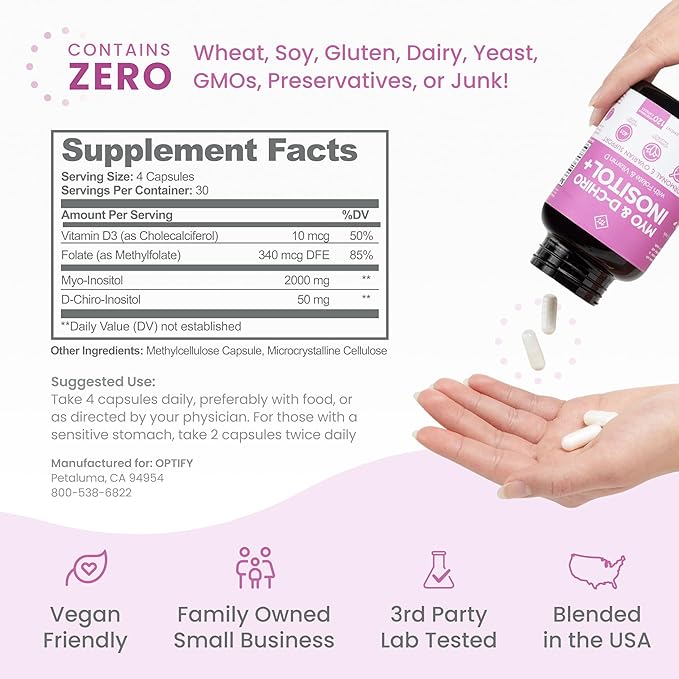 Optify Myo-Inositol & D-Chiro Inositol Supplement for Women – 40:1 Ratio Plus Folate and Vitamin D – Support Healthy Hormonal Balance, Regular Cycles, & Ovarian Health – 30-Day Supply