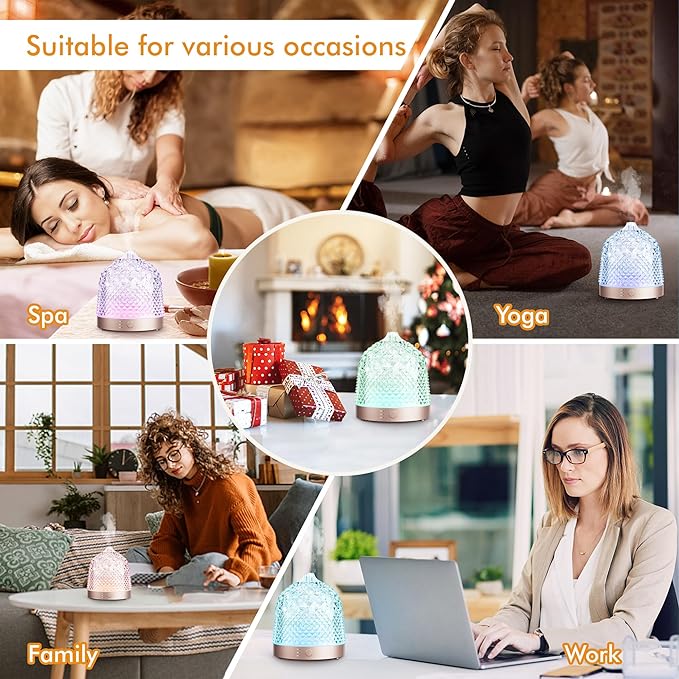 200ml Glass Reservoir Essential Oil Diffuser with Glass Dome Ultrasonic Aromatherapy Diffuser with Four Timer Colorful Light Auto-Off for Gift Home Office Bedroom