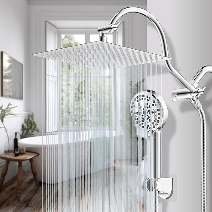 Hibbent 12'' All Metal Shower Head, High Pressure Rainfall Shower Head, Handheld Showerhead Combo, 12'' Adjustable Curved Shower Extension Arm, 10-Spray, 71'' Hose, Adhesive Showerhead Holder, Chrome