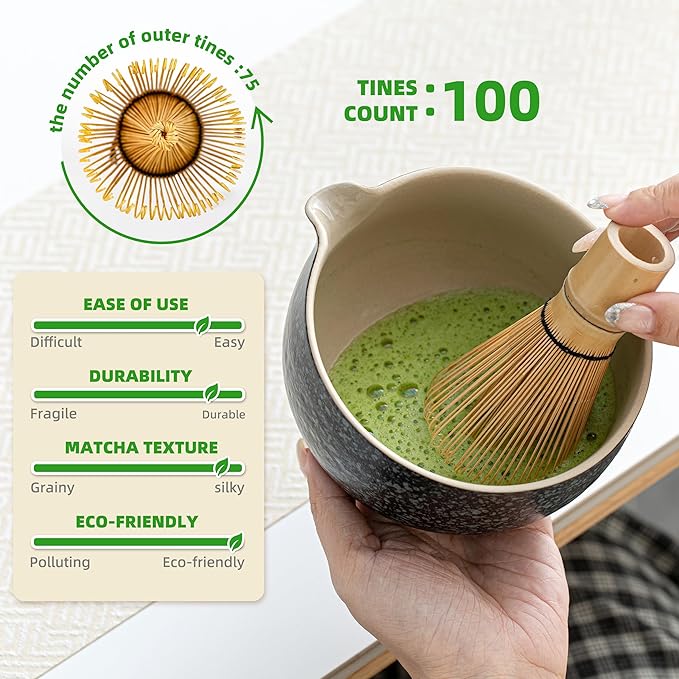 TEANAGOO Matcha Whisk Set,10 Pcs Complete Set Black,Matcha Kit for Ceremony,Matcha Tea Set with Tray,Matcha Whisk Set and Ceramic Bowl with Scoop&Sifter&Powder Jar,Gift for Matcha Lover