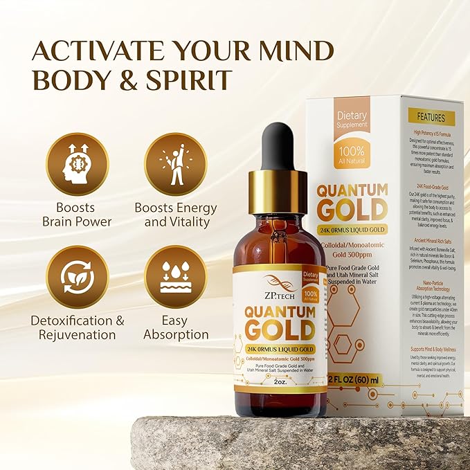 Quantum Gold 24K Ormus Gold Liquid | Pure Ormus Colloidal Monoatomic Gold Liquid and Utah Mineral Salts, 2oz. | Decalcify Pineal Gland, Supports Anti-Aging, Meditation, Yoga, Activate Third Eye.