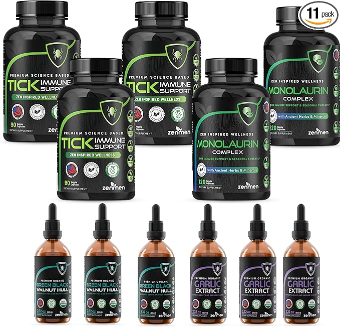 Zenmen Tick-Borne Support Complete Bundle - Longer Term Wellness Support After Exposure - 3 Tick Immune Support + 2 Monolaurin + 3 Green Black Walnut Tincture + 3 Garlic Tincture