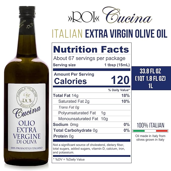 Roi Extra Virgin Olive Oil from Italy - Cucina Ligurian Olive Oil from Italy, First Cold Pressed, Pure, Polyphenol Rich EVOO, 34 fl oz (1 liter), Pack of 6
