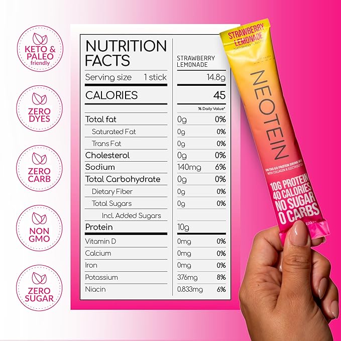 Electrolyte Powder Packets, Protein Powder with 10g Protein & Collagen | Hydration Packets - Zero Sugar, NO Fillers, NO Carbs | Strawberry Lemonade | 40 Calories | Keto & Paleo | Pack of 15