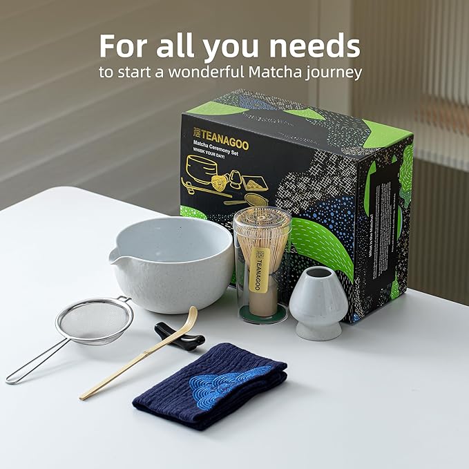 TEANAGOO Matcha Whisk Set,7 Pcs Matcha Set Lt.Grey,Matcha Kit for Ceremony,Matcha Tea Set for Making Breakfast/Latte,Matcha Whisk Set and Bowl with All Accessories,Gift for Matcha Lover/Friend/Family